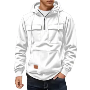 Men's white corduroy half-zip hoodie detail showing chest pockets and comfortable fabric.