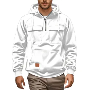 Men tactical quarter-zip hooded sweatshirt white casual streetwear multi-pocket hoodie outerwear