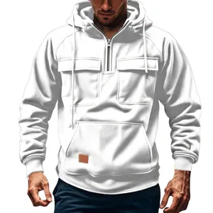 Men's white half zip hoodie detail, ribbed fabric texture, multi pocket tactical sweatshirt.