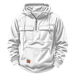 Men's casual half zip hooded sweatshirt with multi pockets and corduroy texture detail.