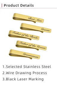 Gold stainless steel tie clips set with laser engraved wedding text like best man and groom.