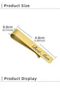 Gold stainless steel tie clip detail featuring laser engraved Best Man text and dimensions.