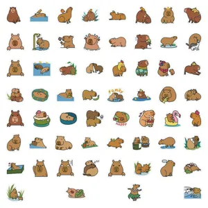 Close-up detail of cute cartoon capybara sticker sheet, waterproof decorative vinyl decals.