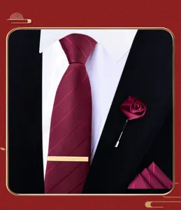 Burgundy tie set for men wedding formal wear including pocket square lapel flower tie clip
