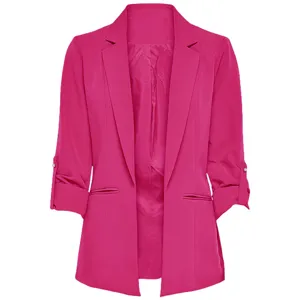 Casual pink women's blazer jacket, stylish open front 3/4 sleeve professional outerwear.