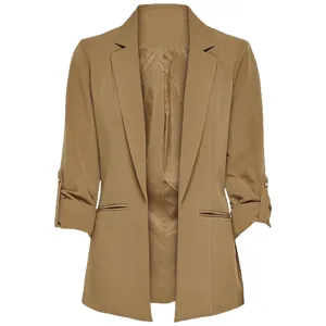 Khaki women's blazer detail, open front design, professional casual office wear jacket.