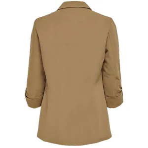 Women casual blazer jacket back detail view, khaki office wear, stylish daily outerwear.
