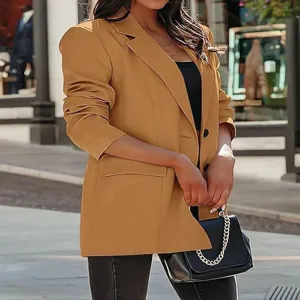 Gros plan détail du blazer chameau professionnel d'automne pour femme avec revers et boutons.