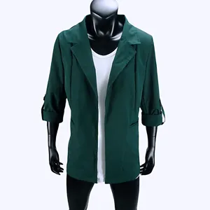Dark green casual women blazer cardigan, half sleeve design, perfect for professional office look.