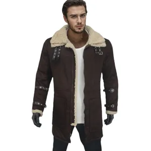 Men's winter thick suede shearling long coat jacket with fleece lapel and straps.