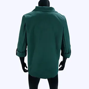 Dark green casual jacket back detail, minimalist lapel design, premium fabric for daily wear.
