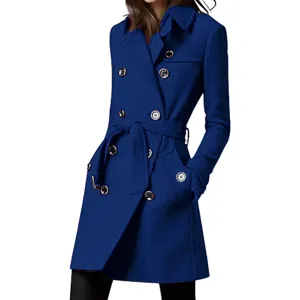 Cappotto Lungo Da Donna In Lana Doppio Petto Con Cintura Elegante Giacca Blu Inverno Nuova