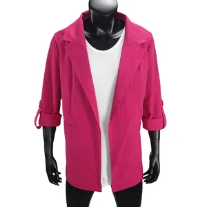 Women casual pink open front blazer cardigan jacket stylish long sleeve outerwear detail