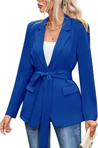 Blazer azul de mujer chaqueta casual abierta con cinturón de lazada oficina profesional.