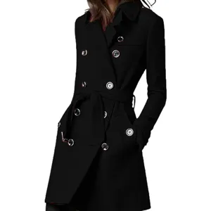 Cappotto Trench Lungo Classico in Misto Lana Doppiopetto con Cintura in Vita da Donna Invernale
