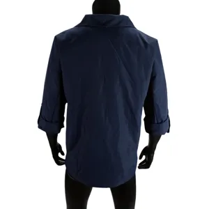 Back detail view of casual dark blue long sleeve cardigan coat, showing fit and collar.