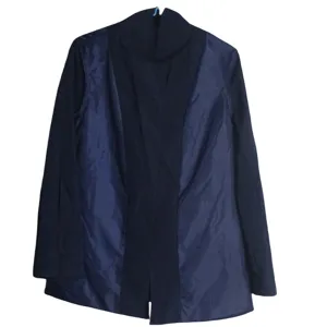 Detailed view of the navy blue women cardigan, featuring a chic stand collar and long sleeves.