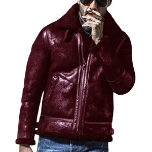Chaqueta de invierno para hombre de ante sintético shearling cuello de pelo abrigo