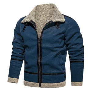 Hombre chaqueta de invierno cálida de ante sintético sherpa abrigo grueso azul oscuro