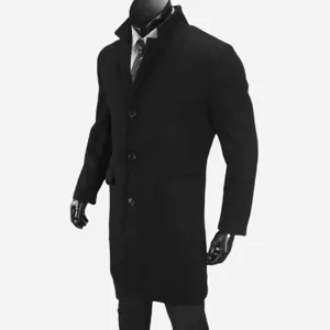 Men's black wool coat detail shot, featuring single-breasted closure and elegant high collar.