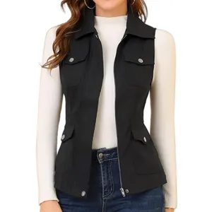Women casual sleeveless utility vest zip up lapel cargo jacket multi-pockets outerwear