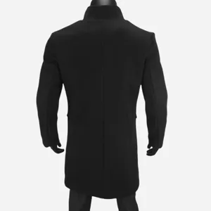 Back view detail of mens black wool blend overcoat, elegant stand collar winter coat.