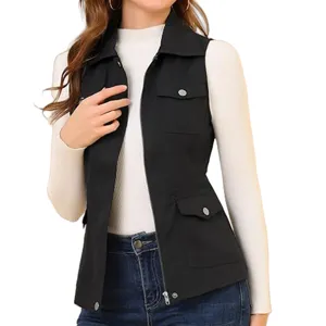 Detailed view of women's black utility vest featuring multiple pockets and lapel collar.