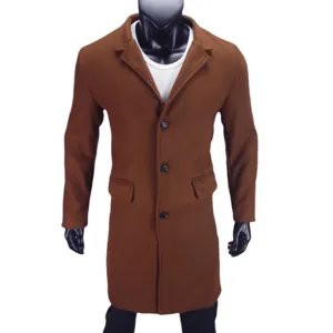Men's stylish brown wool blend coat single breasted long trench coat casual outerwear.