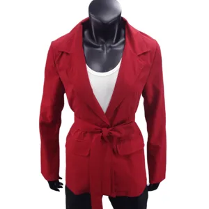 Mujer casual rojo blazer chaqueta con cinturon profesional oficina abrigo manga larga