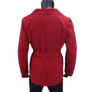 Mujer Rojo Blazer Chaqueta Manga Larga Solapa Casual Cinturon Abrigo Elegante Oficina
