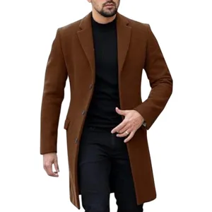 Men's brown wool blend single breasted trench coat detail view, classic lapel design.