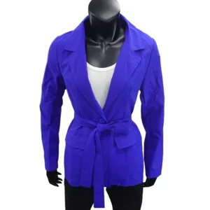 Mujer Chaqueta Blazer Azul Real Manga Larga Abrigo Abierto con Detalle de Cinturón