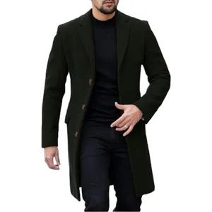Detail view of men's dark green single-breasted wool blend winter overcoat garment.