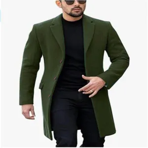 Detail shot of men solid dark green wool blend overcoat with lapel and single-breasted front buttons.