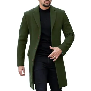 Men's dark green wool blend trench coat single breasted stylish winter outerwear main view