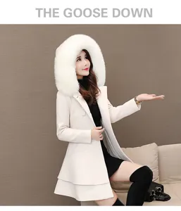 Damen Winter schmaler Kapuzen Wollmantel mit luxuriösem Pelzkragen warme elegante Oberbekleidung