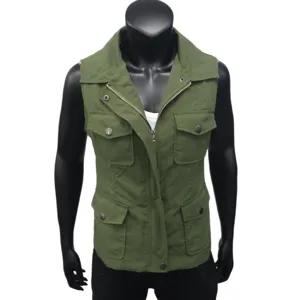 Detailed view of women military cargo utility vest with multi pockets and zip closure