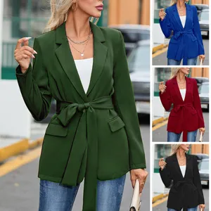 Blazer casual de mujer con cinturón manga larga solapa chaqueta de traje profesional