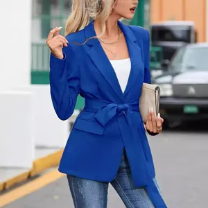Blazer para mujer azul real chaqueta casual de manga larga con cinturon elegante