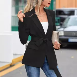 Chaqueta de blazer negra casual para mujer con cinturón elegante abrigo profesional