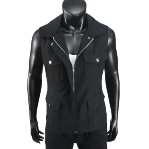 Black multi pocket sleeveless vest cardigan for women, stylish utility outerwear top.