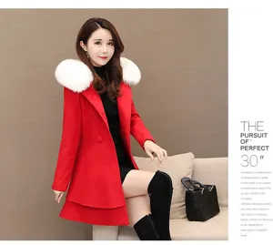 Damen Wollmantel Winter mit Kapuze schmal geschnitten Kunstfell Kragen elegante Jacke