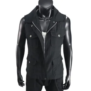 Women black tactical utility vest multi-pocket sleeveless zip up cardigan coat details.