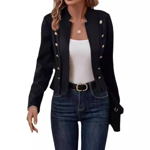 Schwarzer Damen Kurzblazer mit goldenen Knöpfen langärmelige elegante Übergangsjacke stilvoll