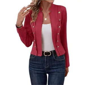 Damen Kurzjacke Stehkragen Blazer rote Metall Doppelreiher offene Vorderseite Freizeit