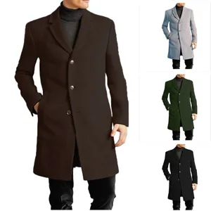 Close-up details of the men's wool blend overcoat showing lapel collar, buttons, and pockets.