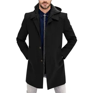 Men's Fashion Fake Two-Piece Hooded Wool Blend Coat Casual Winter Warm Trench Jacket