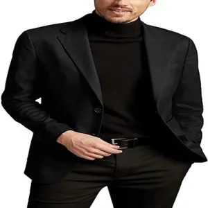 Close-up detail of casual men's black suit blazer jacket paired with a black turtleneck.