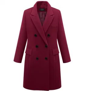 Femme long manteau en laine croisé hiver rouge vin vêtement vue de face principale