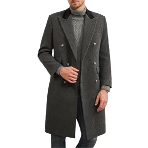 Men's grey double breasted wool overcoat detail view featuring contrast black lapel design.